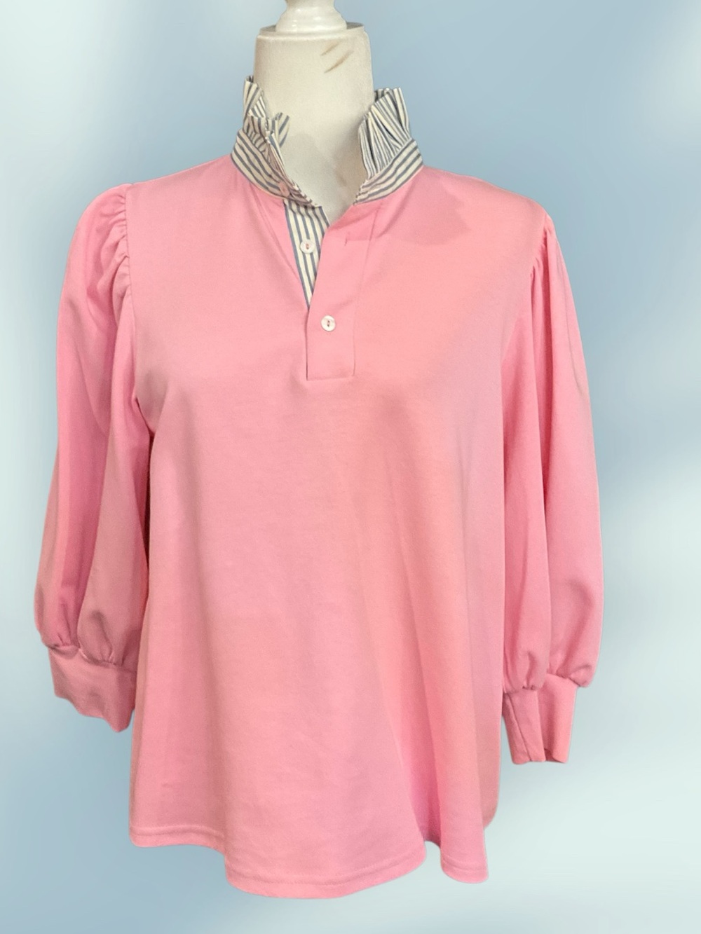Entro Pink Puff-Sleeve Polo Tunic with Striped Stand Collar, size S